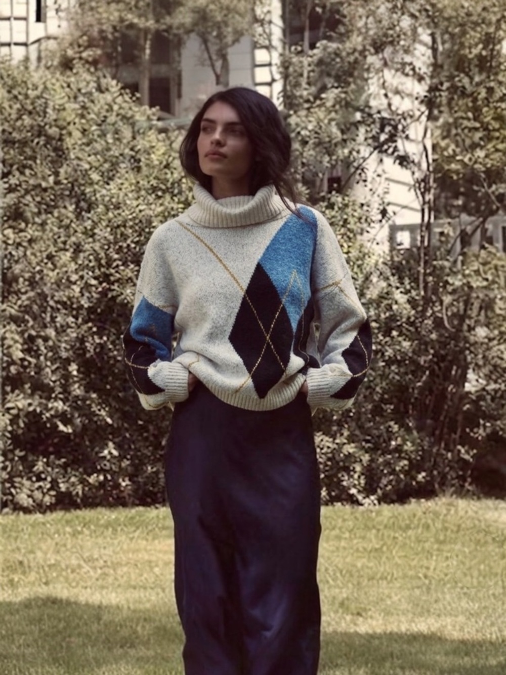 Lili Sidonio Argyle Turtleneck Sweater M/L Cozy Knit Pullover Blue Black Cream